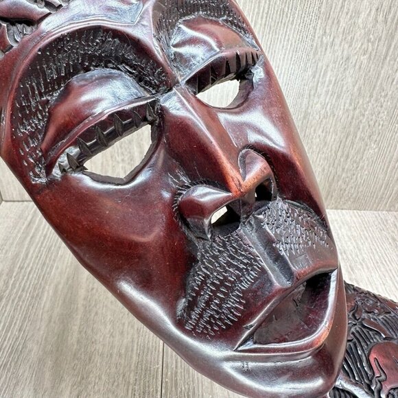 Vintage Wall Hanging Decorative Hand Carved Wood African Tribal Masks Pair Brown - Picture 3 of 13